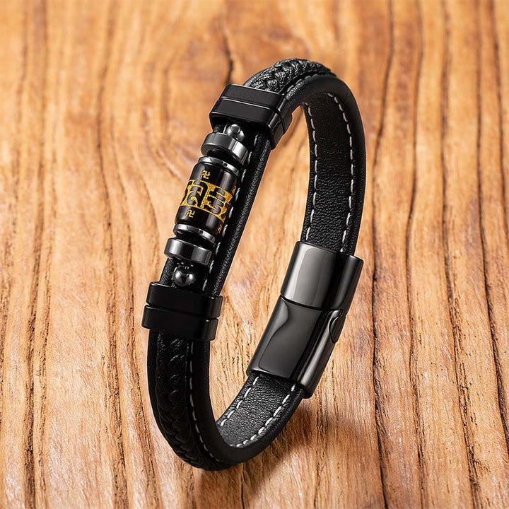 Pulsera de protección del equilibrio con Buddha Stones, Om Mani Padme Hum, símbolo de dragón, ónix negro, cuero, titanio y acero. - Mantra de ónix negro - 18-22 cm - image 12