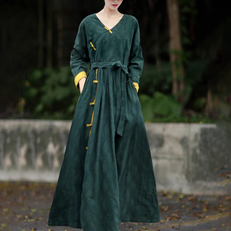 Vestido midi de algodón con cuello en V, manga larga y bolsillos, con botones de rana y estampado de Buddha Stones - Verde oscuro - US8-10，UK/AU12-14，EU40-42 (2XL) - image 0