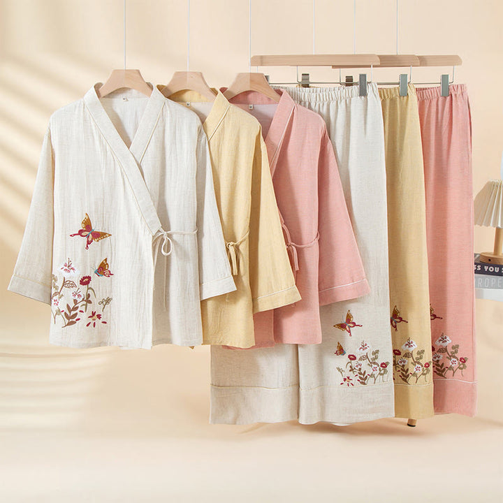 Conjunto de pijama de algodón con bolsillos, camisa y pantalones de manga larga con cuello en V y estampado floral de Buddha Stones de colores, 2 piezas - image 7