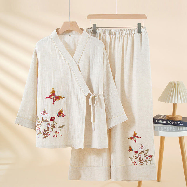 Conjunto de pijama de algodón con bolsillos, camisa y pantalones de manga larga con cuello en V y estampado floral de Buddha Stones de colores, 2 piezas - Nieve - US6，UK/AU10，EU38 (XL) - image 0