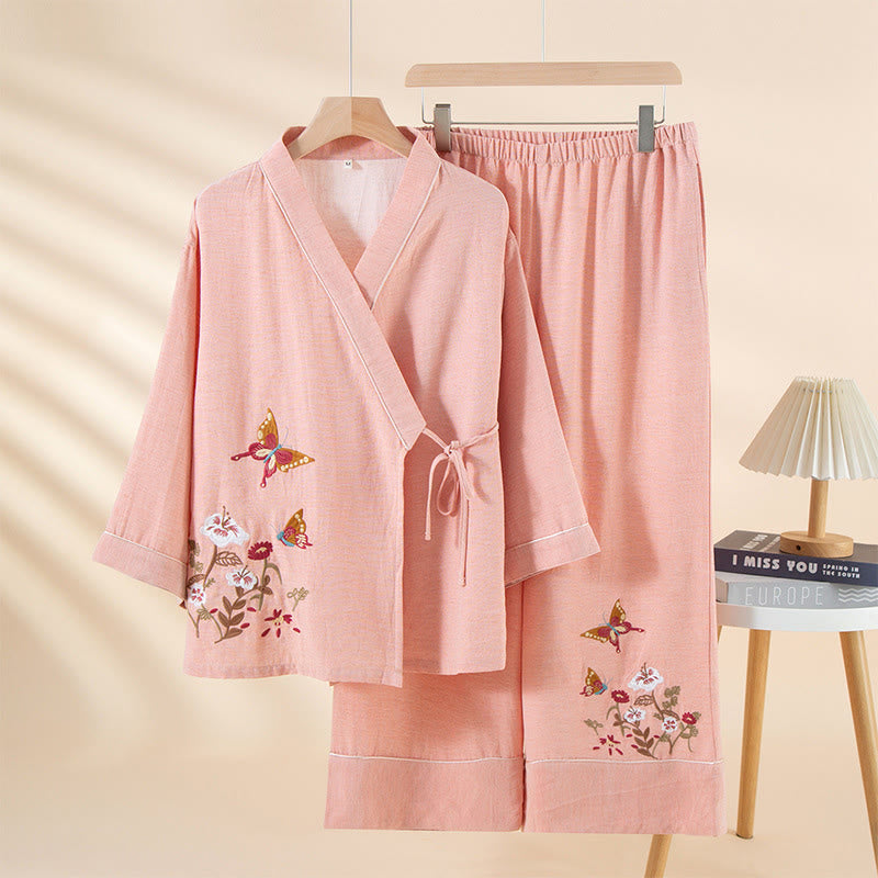 Conjunto de pijama de algodón con bolsillos, camisa y pantalones de manga larga con cuello en V y estampado floral de Buddha Stones de colores, 2 piezas - Rosa claro - US6，UK/AU10，EU38 (XL) - image 6
