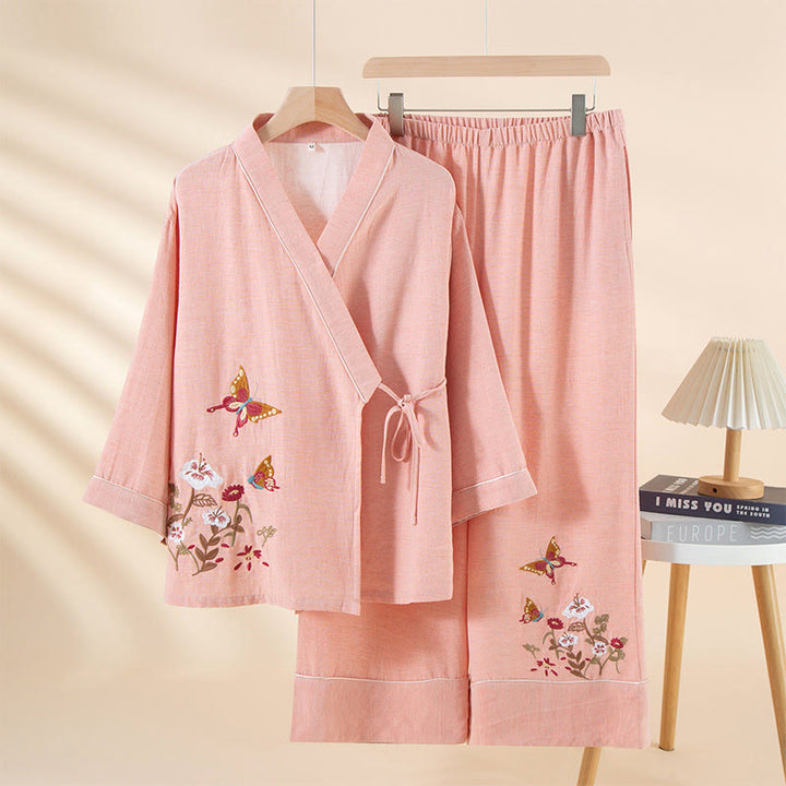 Conjunto de pijama de algodón con bolsillos, camisa y pantalones de manga larga con cuello en V y estampado floral de Buddha Stones de colores, 2 piezas - Rosa claro - US6，UK/AU10，EU38 (XL) - image 6