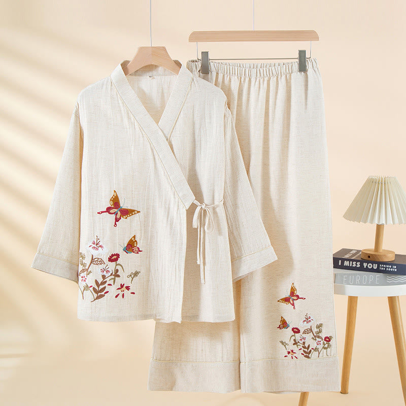 Conjunto de pijama de algodón con bolsillos, camisa y pantalones de manga larga con cuello en V y estampado floral de Buddha Stones de colores, 2 piezas - Nieve - US6，UK/AU10，EU38 (XL) - image 0