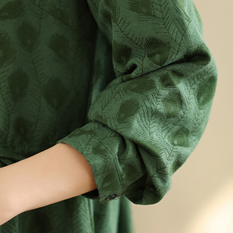 Vestido midi de algodón con cuello alto, manga larga y bolsillos, estampado de hojas y Buddha Stones - image 6