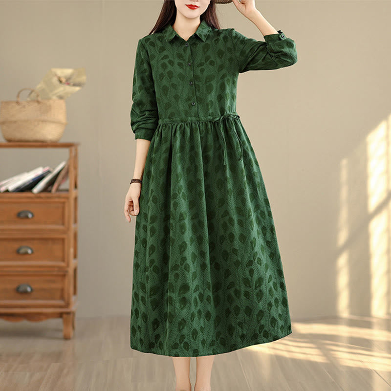 Vestido midi de algodón con cuello alto, manga larga y bolsillos, estampado de hojas y Buddha Stones - Verde oscuro - US8-10，UK/AU12-14，EU40-42 (2XL) - image 0