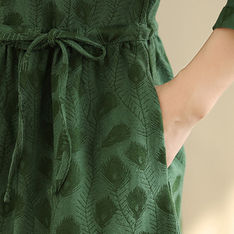 Vestido midi de algodón con cuello alto, manga larga y bolsillos, estampado de hojas y Buddha Stones - image 8