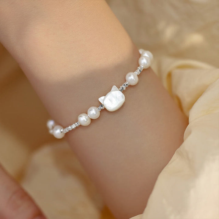 Pulsera curativa con cadena de plata y piedra Tridacna con cabeza de gato y Buddha Stones - Perla (circunferencia de la muñeca 14-16 cm) - image 0