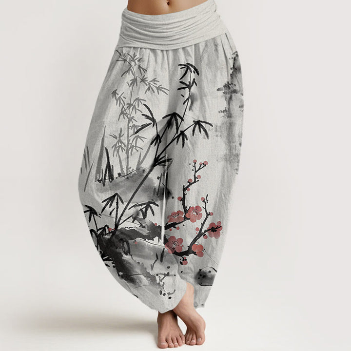 Pantalones bombachos de cintura elástica para mujer con estampado de Buddha Stones, flores de ciruelo, bambú, orquídeas y crisantemos. - Gris claro - US22，UK/AU26，EU54 (6XL) - image 0