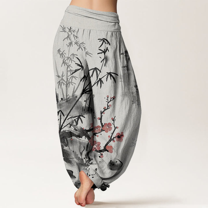 Pantalones bombachos de cintura elástica para mujer con estampado de Buddha Stones, flores de ciruelo, bambú, orquídeas y crisantemos. - image 1