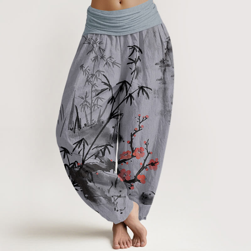 Pantalones bombachos de cintura elástica para mujer con estampado de Buddha Stones, flores de ciruelo, bambú, orquídeas y crisantemos. - Morado medio - US22，UK/AU26，EU54 (6XL) - image 7