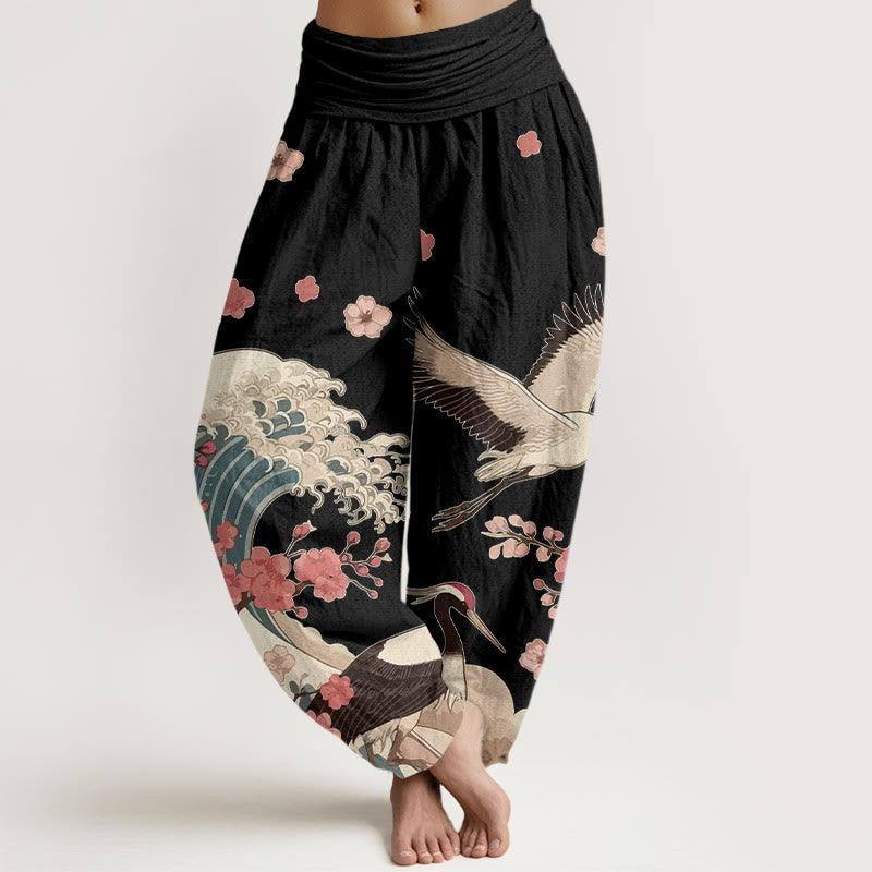Pantalones bombachos de cintura elástica para mujer con estampado de piedras de Buddha Stones , flores de melocotón y océano. - Negro - US16，UK/AU20，EU48 (3XL) - image 5