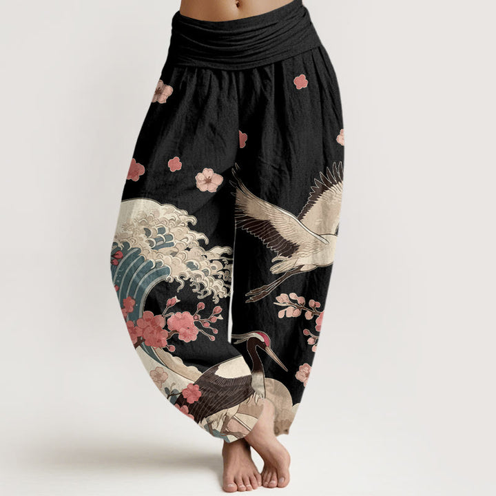 Pantalones bombachos de cintura elástica para mujer con estampado de piedras de Buddha Stones , flores de melocotón y océano. - Negro - US16，UK/AU20，EU48 (3XL) - image 5