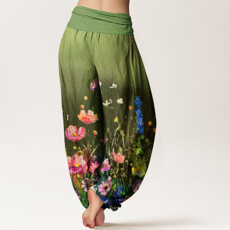 Pantalones bombachos de mujer con cintura elástica, estilo acuarela, estampado floral informal con Buddha Stones, de algodón. - image 5