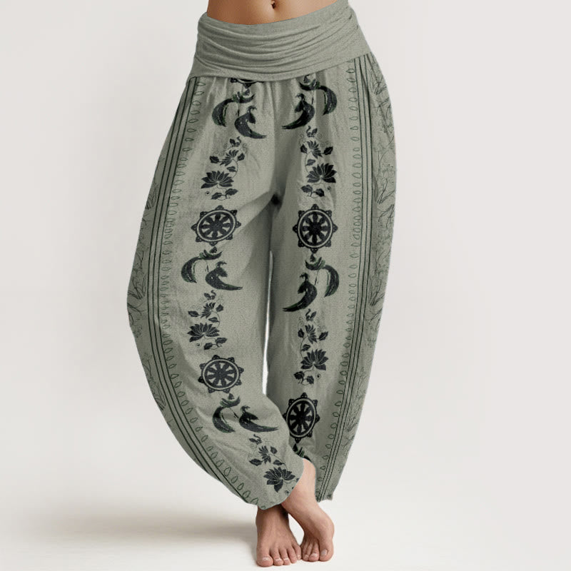 Pantalones Buddha Stones de algodón puro con diseño de rueda del Dharma y loto OM para mujer, con cintura elástica - Verde mar oscuro - US22，UK/AU26，EU54 (6XL) - image 5