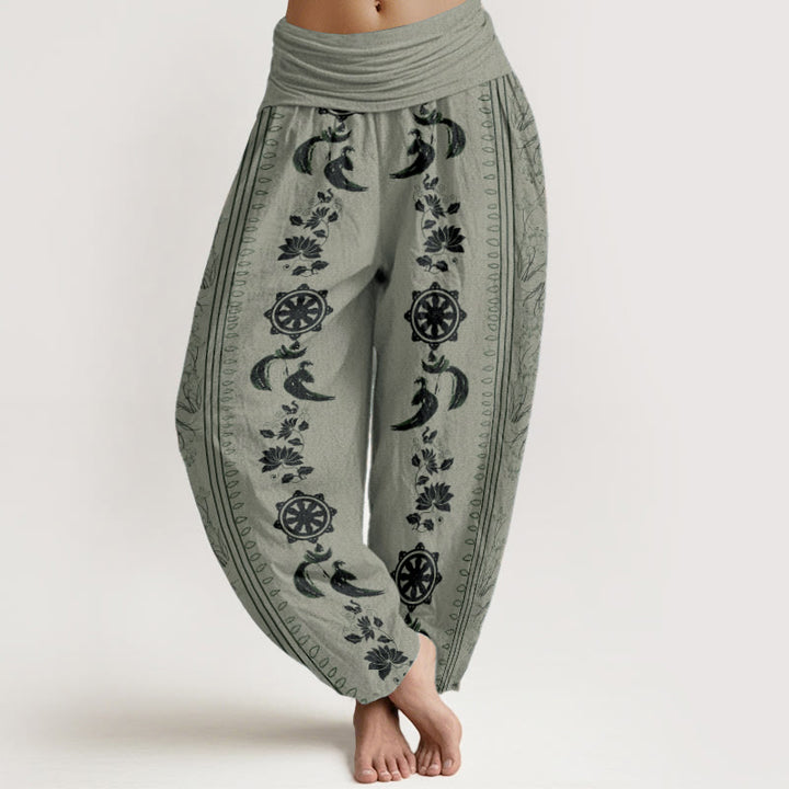 Pantalones Buddha Stones de algodón puro con diseño de rueda del Dharma y loto OM para mujer, con cintura elástica - Verde mar oscuro - US22，UK/AU26，EU54 (6XL) - image 5