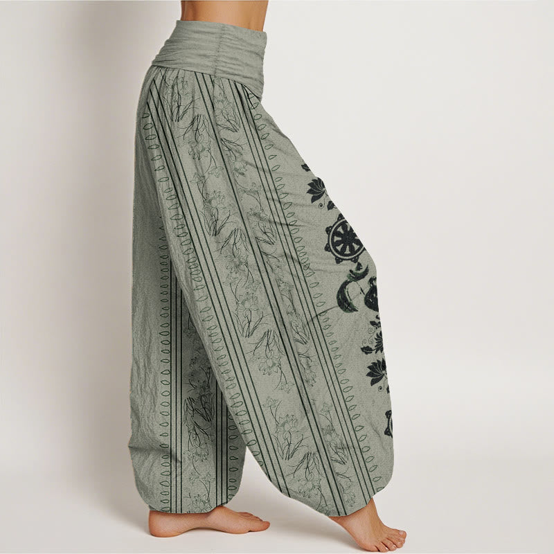 Pantalones Buddha Stones de algodón puro con diseño de rueda del Dharma y loto OM para mujer, con cintura elástica - image 7