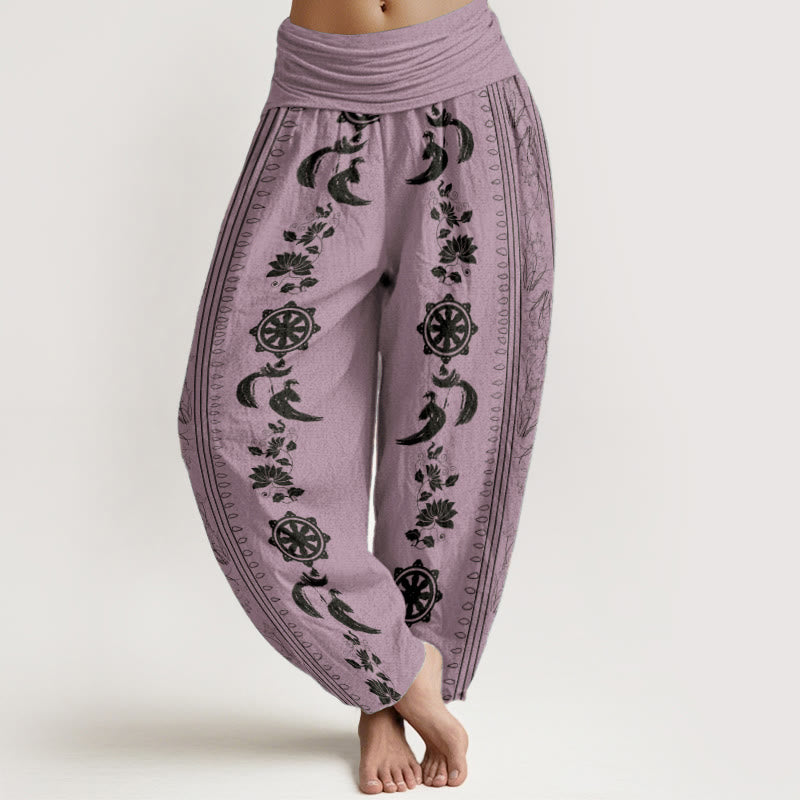 Pantalones Buddha Stones de algodón puro con diseño de rueda del Dharma y loto OM para mujer, con cintura elástica - Violeta - US22，UK/AU26，EU54 (6XL) - image 8