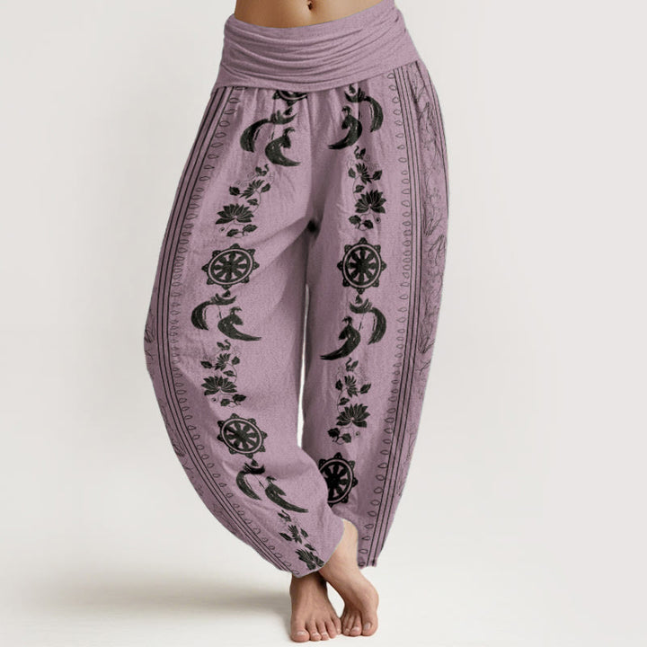 Pantalones Buddha Stones de algodón puro con diseño de rueda del Dharma y loto OM para mujer, con cintura elástica - Violeta - US22，UK/AU26，EU54 (6XL) - image 8
