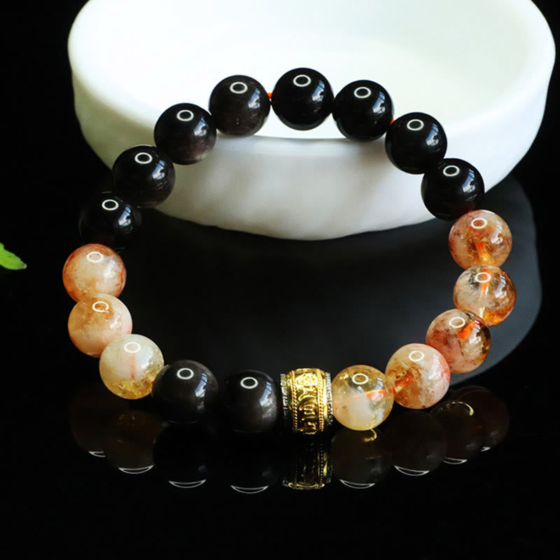 Pulsera protectora de obsidiana y citrino con Buddha Stones Om Mani Padme Hum y brillo plateado - image 2