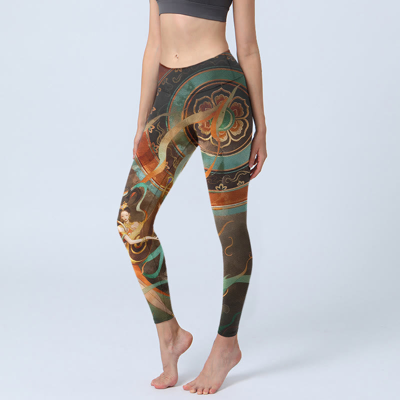 Leggings de yoga para mujer con estampado de círculos de flores y cinta de laúd de hadas de colores y Buddha Stones - Marrón silla de montar - US18，UK/AU22，EU50 (4XL) - image 0