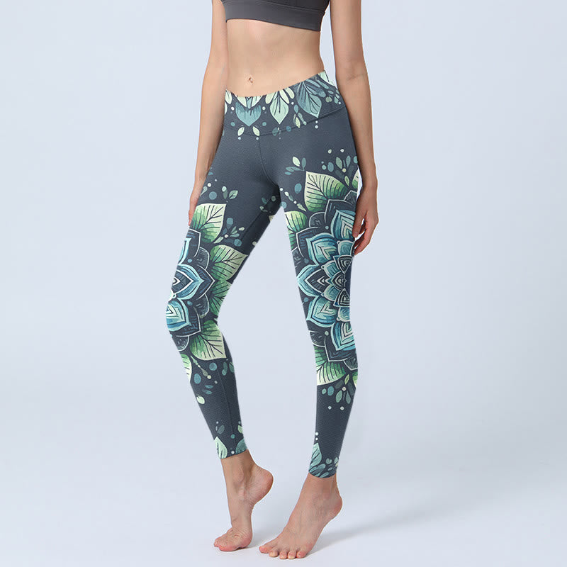 Leggings de yoga para mujer con estampado floral y símbolo Om simétrico de Buddha Stones - Verde azulado - US18，UK/AU22，EU50 (4XL) - image 0