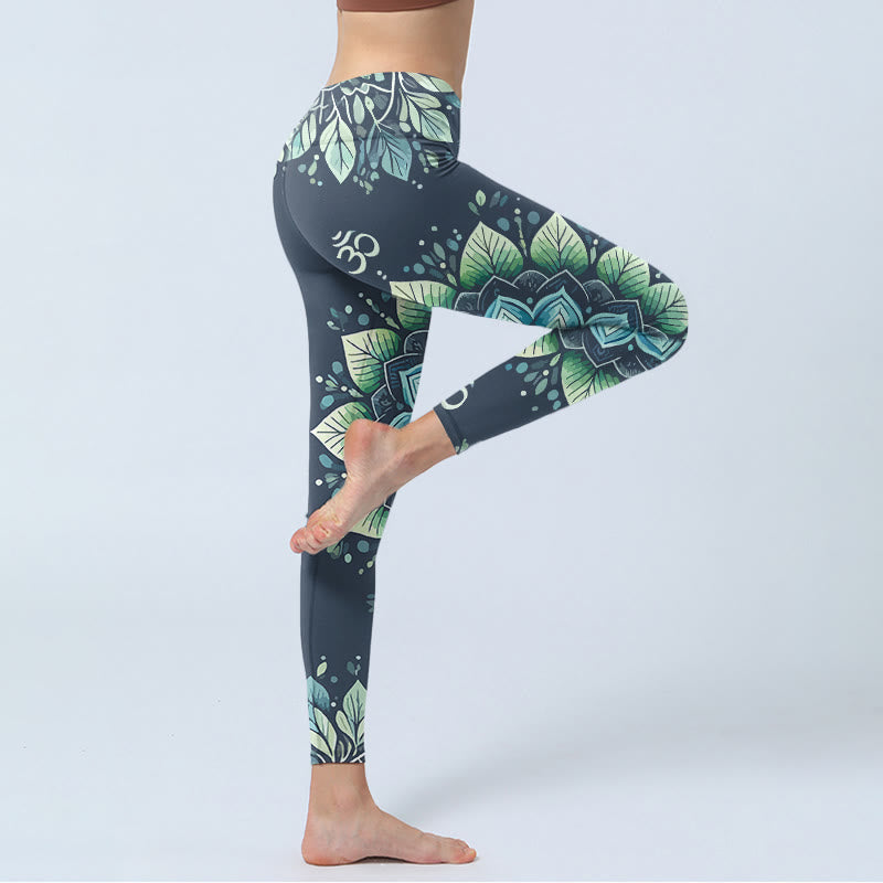 Leggings de yoga para mujer con estampado floral y símbolo Om simétrico de Buddha Stones - image 3