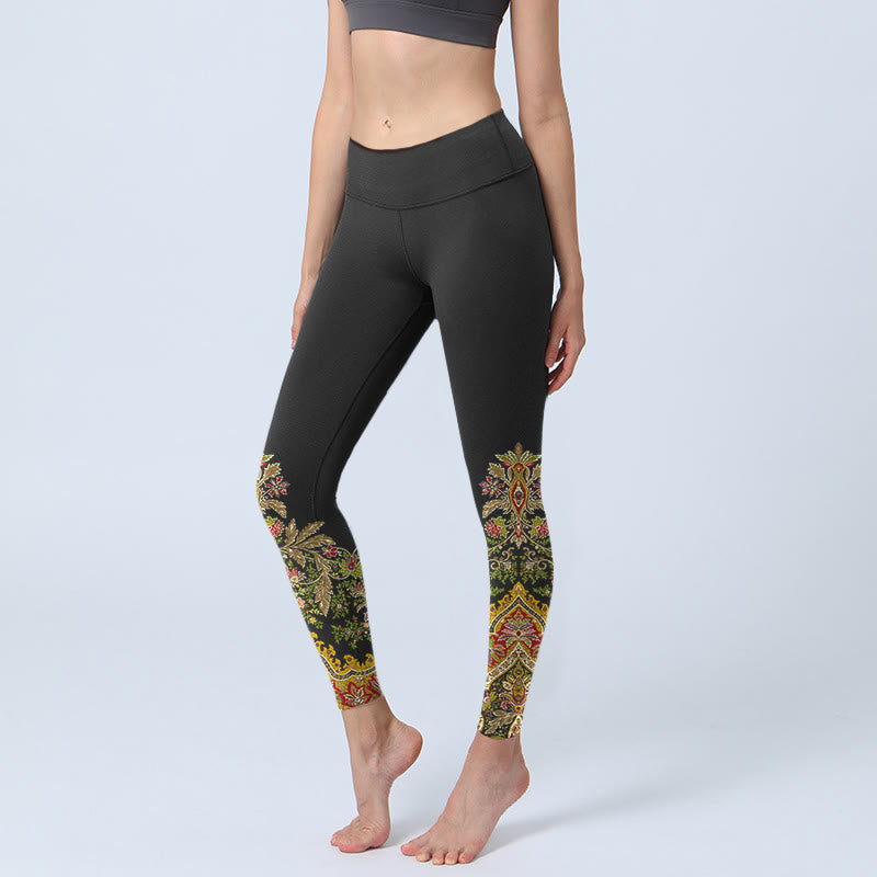 Leggings de yoga para mujer con estampado de hojas y flores en tonos cálidos y delicados de Buddha Stones - Negro - US18，UK/AU22，EU50 (4XL) - image 0