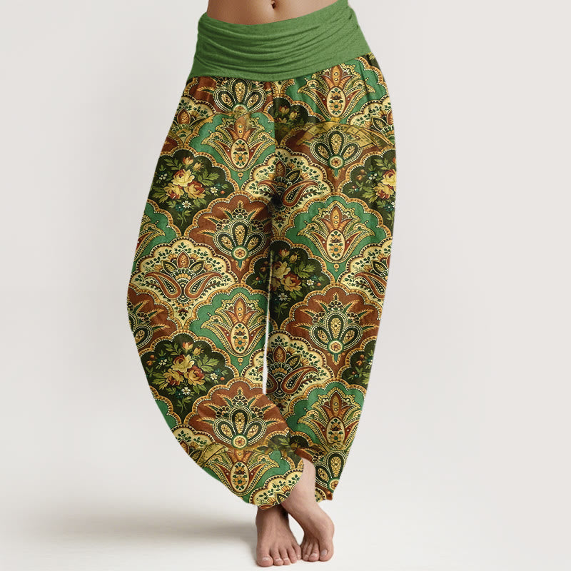 Pantalones Buddha Stones de algodón con diseño repetitivo de flores y hojas en abanico para mujer, con cintura elástica - Verde - US16，UK/AU20，EU48 (3XL) - image 0