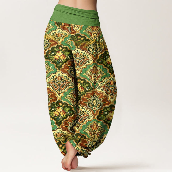 Pantalones Buddha Stones de algodón con diseño repetitivo de flores y hojas en abanico para mujer, con cintura elástica - image 1