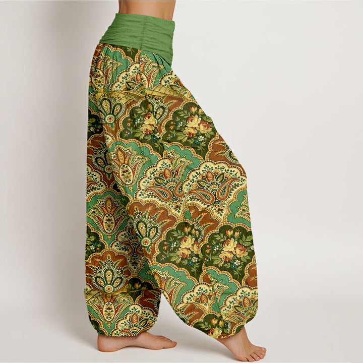Pantalones Buddha Stones de algodón con diseño repetitivo de flores y hojas en abanico para mujer, con cintura elástica - image 2