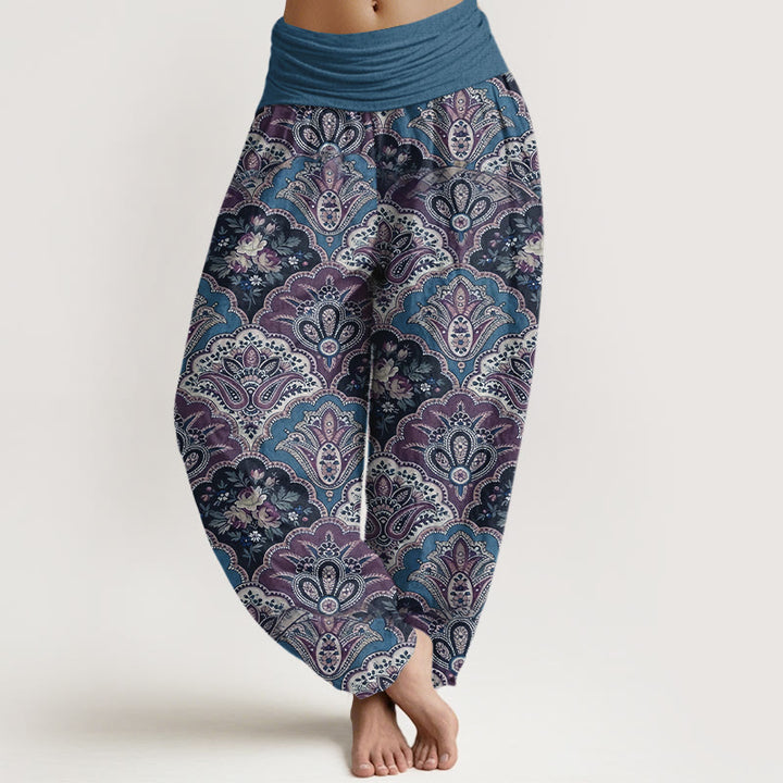 Pantalones Buddha Stones de algodón con diseño repetitivo de flores y hojas en abanico para mujer, con cintura elástica - Azul acero - US16，UK/AU20，EU48 (3XL) - image 5