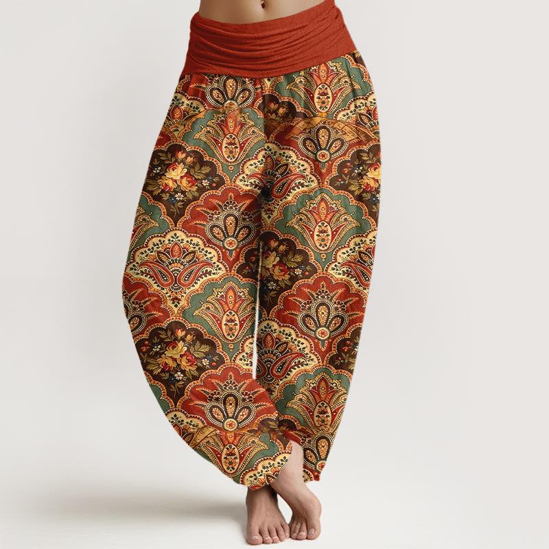 Pantalones Buddha Stones de algodón con diseño repetitivo de flores y hojas en abanico para mujer, con cintura elástica - Ladrillo refractario - US16，UK/AU20，EU48 (3XL) - image 8