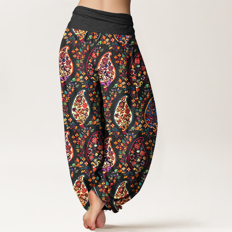 Pantalones Buddha Stones con estampado de hojas y flores retro de colores brillantes para mujer, con cintura elástica - image 1