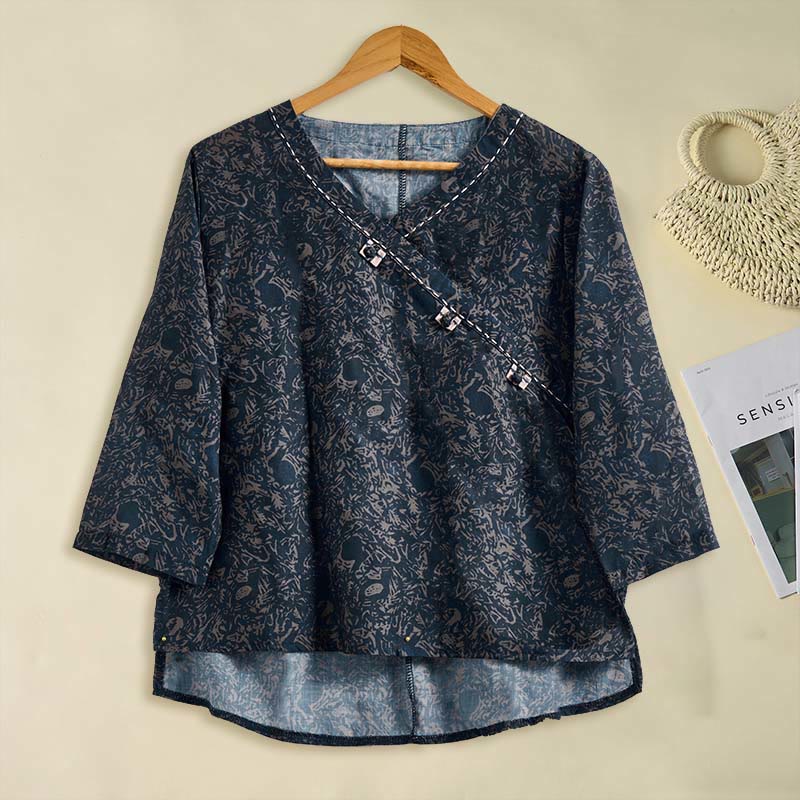 Camisa de manga larga para mujer con estampado floral y cuello en V de Buddha Stones Spring - image 20