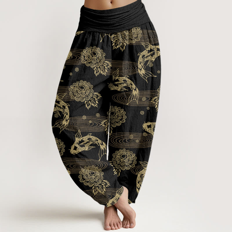 Pantalones harén de algodón con diseño de flores y hojas de pez koi, Buddha Stones, cintura elástica, para mujer - Negro - US16，UK/AU20，EU48 (3XL) - image 0