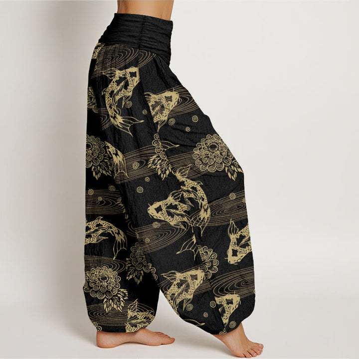 Pantalones harén de algodón con diseño de flores y hojas de pez koi, Buddha Stones, cintura elástica, para mujer - image 2