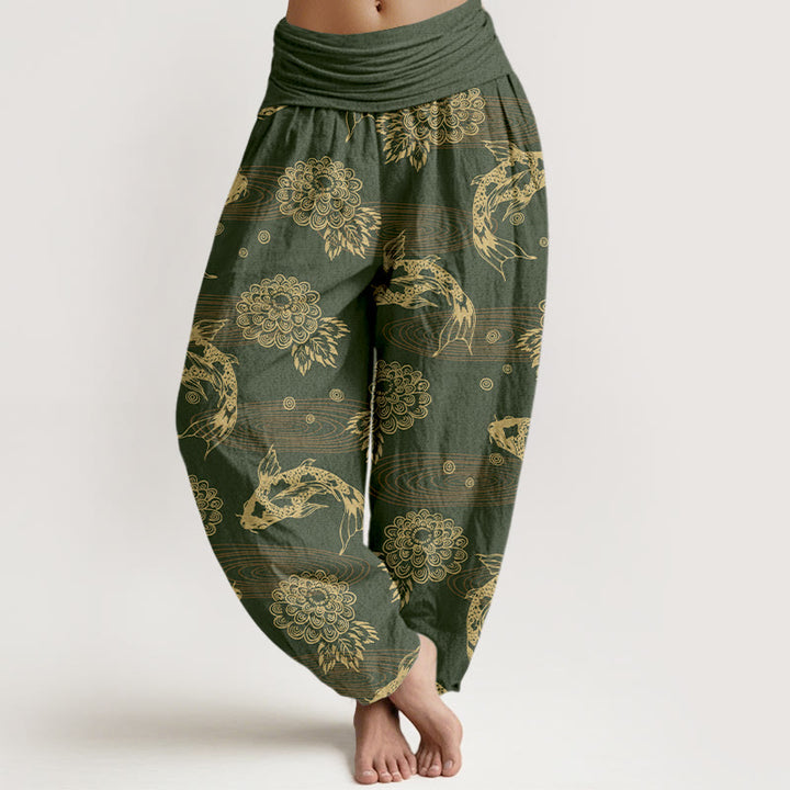 Pantalones harén de algodón con diseño de flores y hojas de pez koi, Buddha Stones, cintura elástica, para mujer - Verde oliva - US16，UK/AU20，EU48 (3XL) - image 5