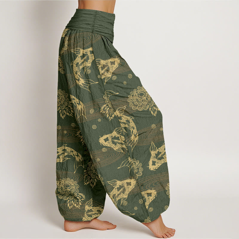 Pantalones harén de algodón con diseño de flores y hojas de pez koi, Buddha Stones, cintura elástica, para mujer - image 7