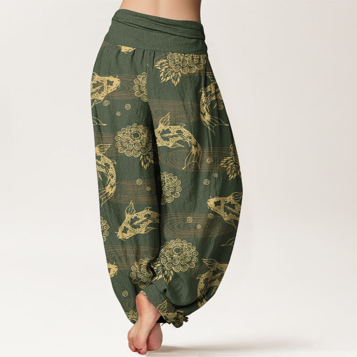 Pantalones harén de algodón con diseño de flores y hojas de pez koi, Buddha Stones, cintura elástica, para mujer - image 6