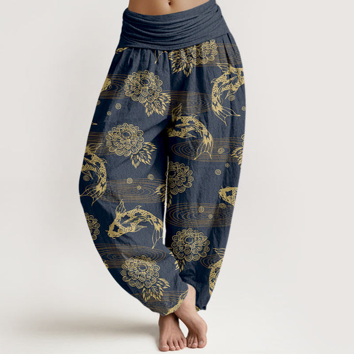 Pantalones harén de algodón con diseño de flores y hojas de pez koi, Buddha Stones, cintura elástica, para mujer - Azul pizarra oscuro - US16，UK/AU20，EU48 (3XL) - image 8