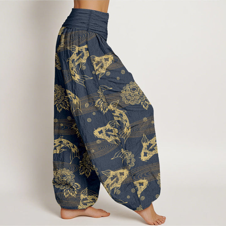 Pantalones harén de algodón con diseño de flores y hojas de pez koi, Buddha Stones, cintura elástica, para mujer - image 10