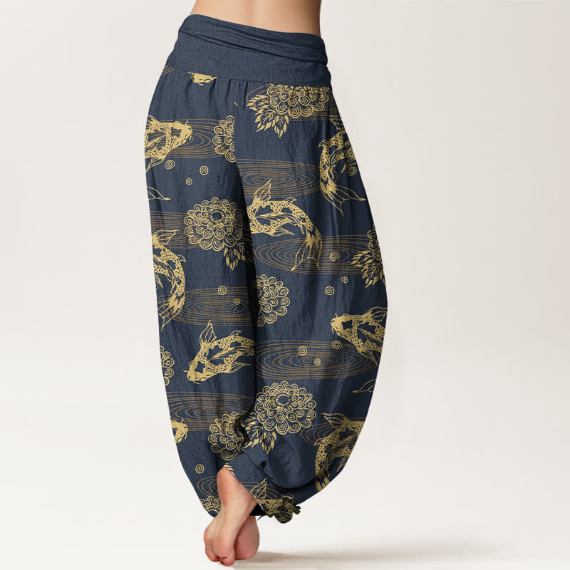 Pantalones harén de algodón con diseño de flores y hojas de pez koi, Buddha Stones, cintura elástica, para mujer - image 9