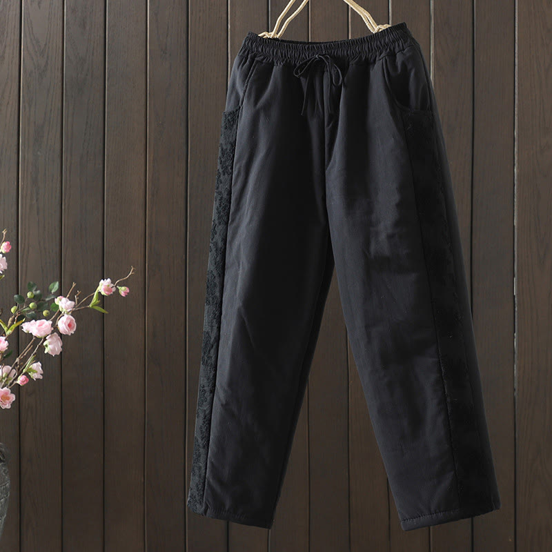 Pantalones gruesos de algodón y poliéster con bordado de flores y Buddha Stones para mujer con bolsillos - Negro - US8-10，UK/AU12-14，EU40-42 (2XL) - image 15