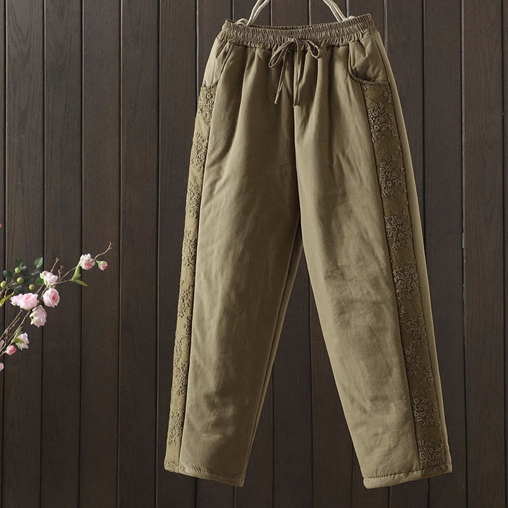 Pantalones gruesos de algodón y poliéster con bordado de flores y Buddha Stones para mujer con bolsillos - Caqui oscuro - US8-10，UK/AU12-14，EU40-42 (2XL) - image 6