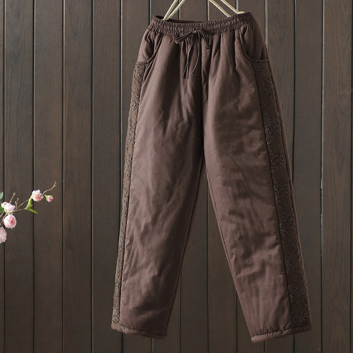 Pantalones gruesos de algodón y poliéster con bordado de flores y Buddha Stones para mujer con bolsillos - Marrón silla de montar - US8-10，UK/AU12-14，EU40-42 (2XL) - image 1