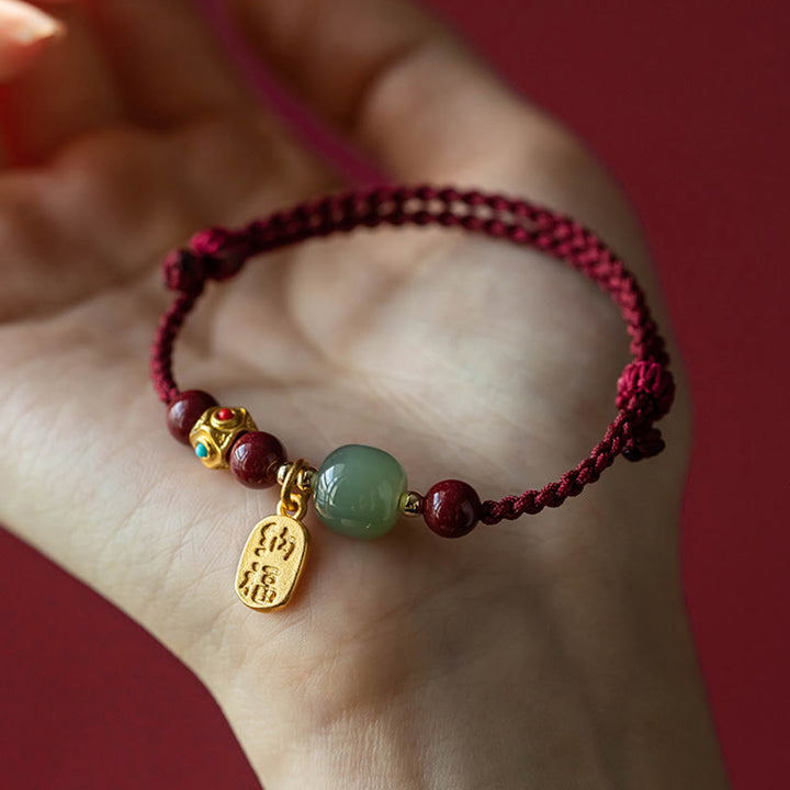 Pulsera de la suerte con Buddha Stones, amuleto de la suerte, jade cian hetiano, jade blanco, hilo trenzado multicolor - image 1