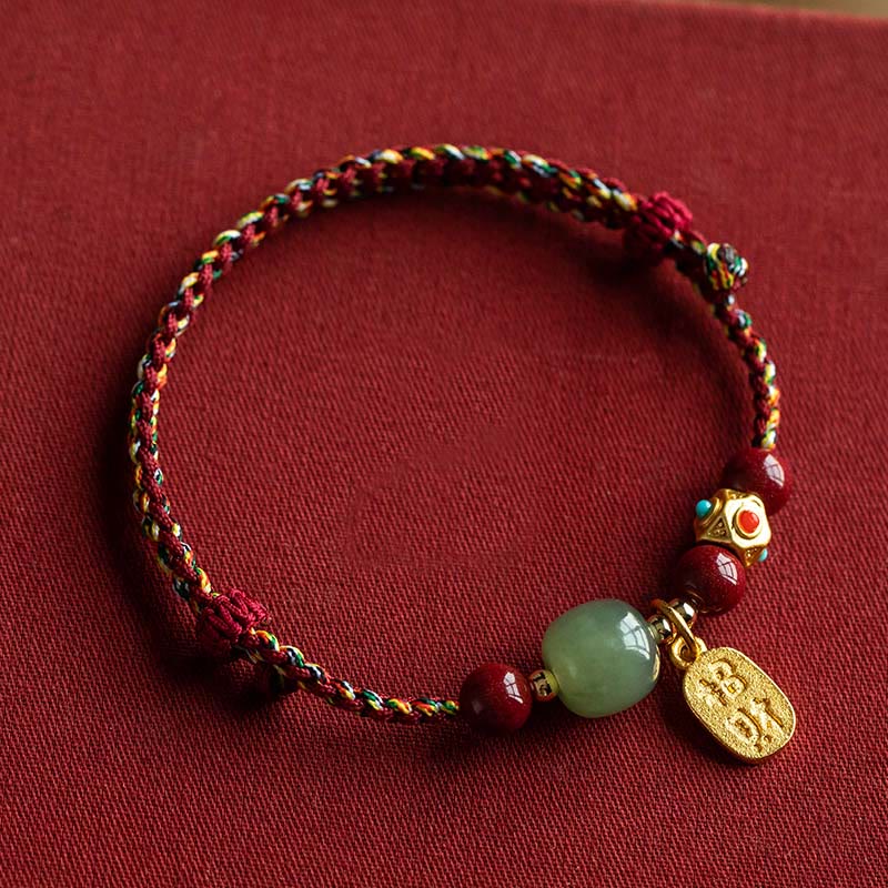 Pulsera de la suerte con Buddha Stones, amuleto de la suerte, jade cian hetiano, jade blanco, hilo trenzado multicolor - Cuerda de cinco colores y jade cian hetiano - 17-18 cm - image 14