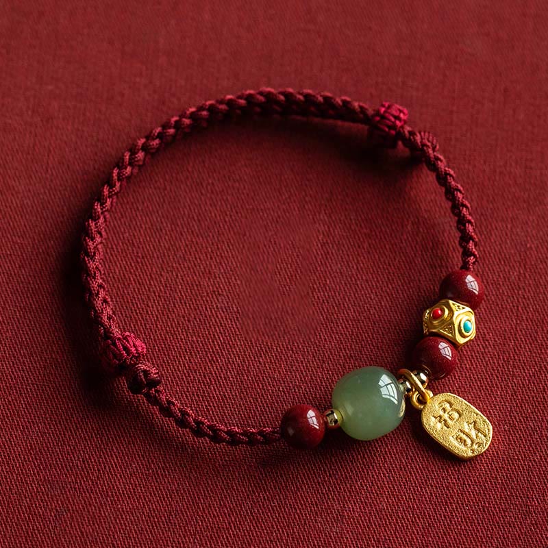 Pulsera de la suerte con Buddha Stones, amuleto de la suerte, jade cian hetiano, jade blanco, hilo trenzado multicolor - Hilo rojo y jade cian hetiano - 17-18 cm - image 0