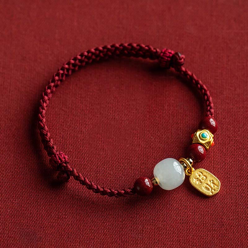 Pulsera de la suerte con Buddha Stones, amuleto de la suerte, jade cian hetiano, jade blanco, hilo trenzado multicolor - Hilo rojo y jade blanco hetiano - 17-18 cm - image 11