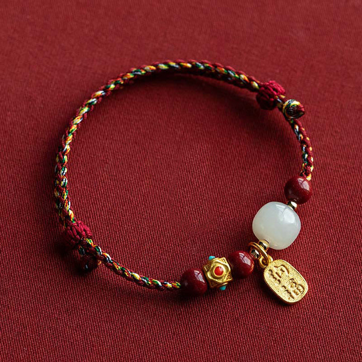 Pulsera de la suerte con Buddha Stones, amuleto de la suerte, jade cian hetiano, jade blanco, hilo trenzado multicolor - Cuerda de cinco colores y jade blanco hetiano - 17-18 cm - image 18